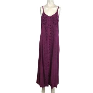 Sakkas Womens Purple Embroidered Button Front Rayon Maxi Dress L/XL Boho 1522